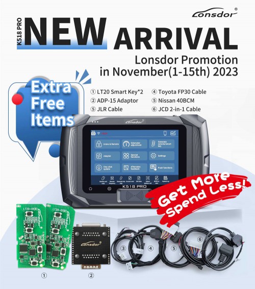 Global Version Lonsdor K518 Pro Universal Key Programmer with 2xLT20, Toyota FP30 Cable, Nissan 40 BCM Cable, JCD, JLR and ADP Adapter